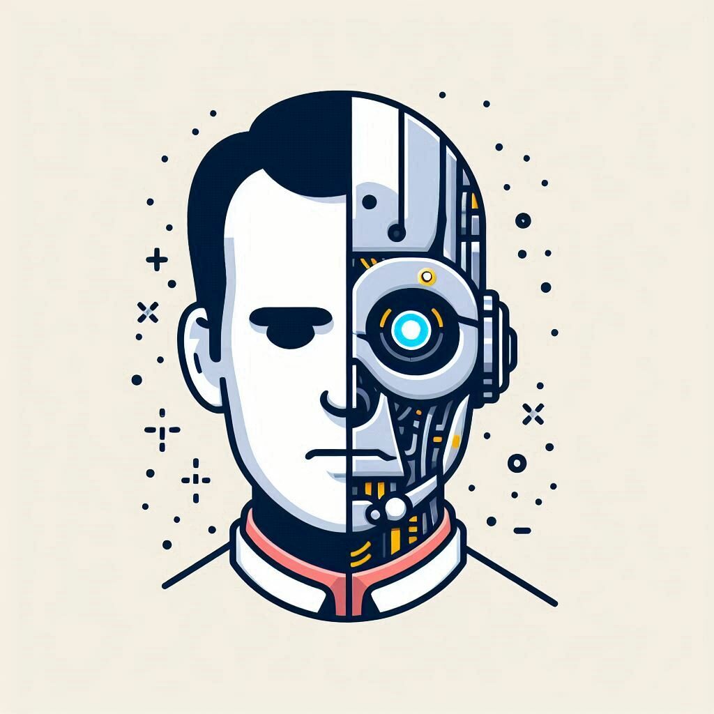 Ilustração de uma cabeça metade humana, metade robô.