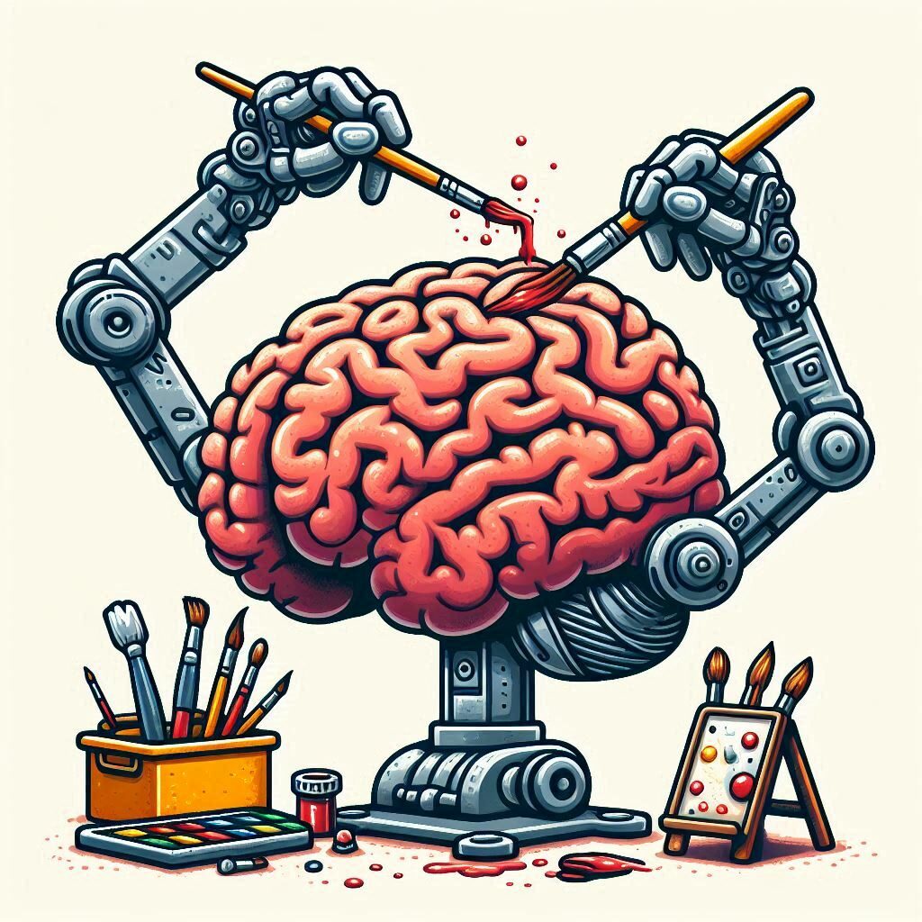 Ilustração de um cérebro com braços mecânicos pintando a si próprio usando pincéis.