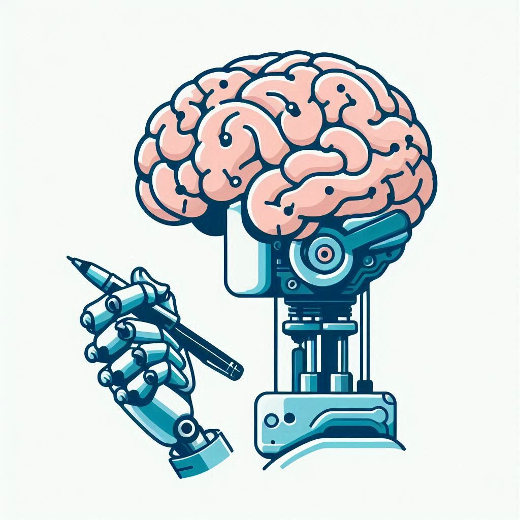 Ilustração da cabeça e mão de um robô. A cabeça tem um cérebro humano aparente e a mão segura uma caneta.