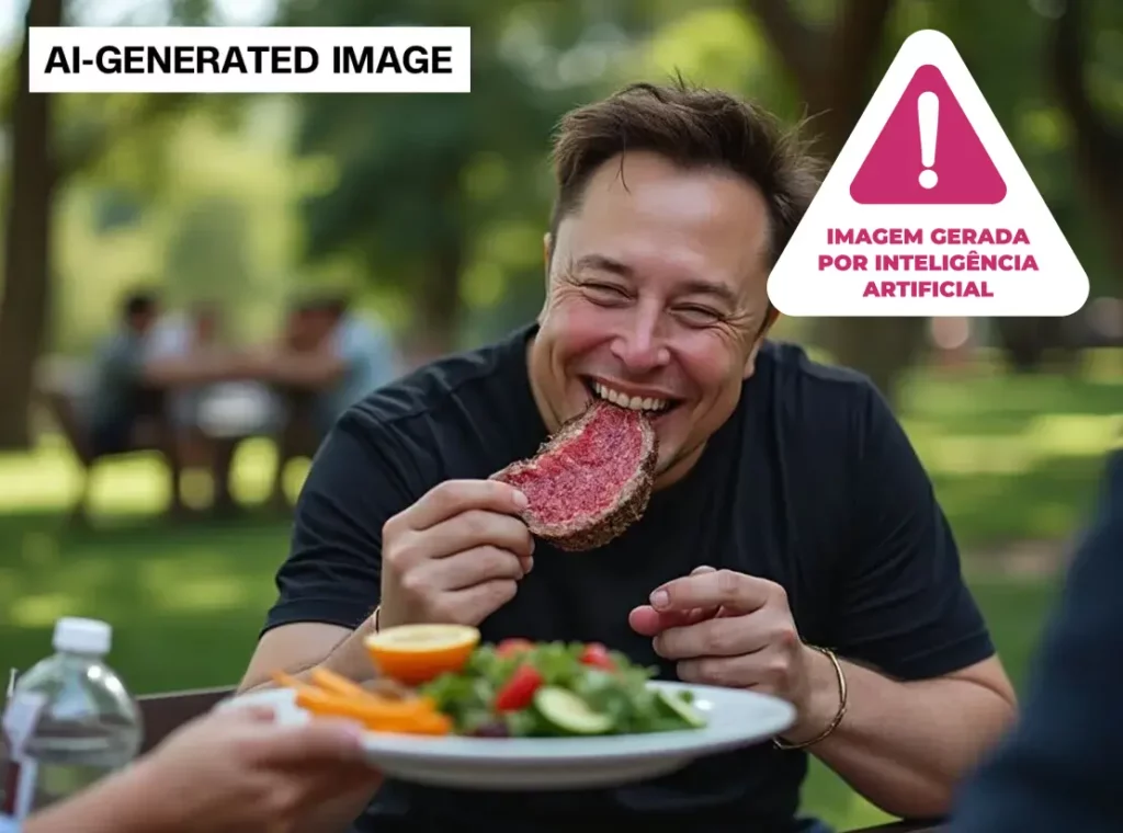 Imagem gerada por inteligência artificial mostrando Elon Musk comendo um bife com as mãos.