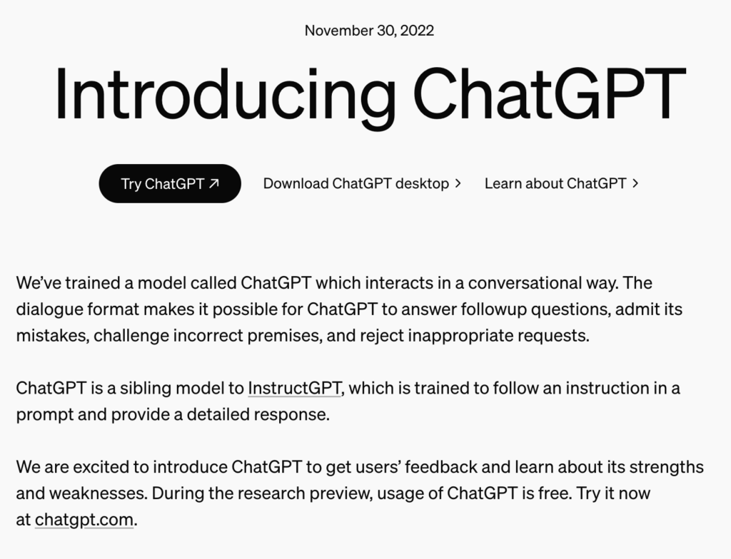 Captura de tela da primeira versão do ChatGPT.