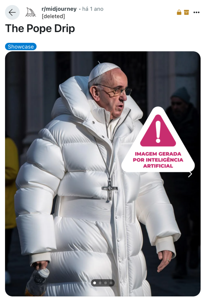 'Deepfake' mostrando o Papa Francisco usando uma jaqueta branca moderna.