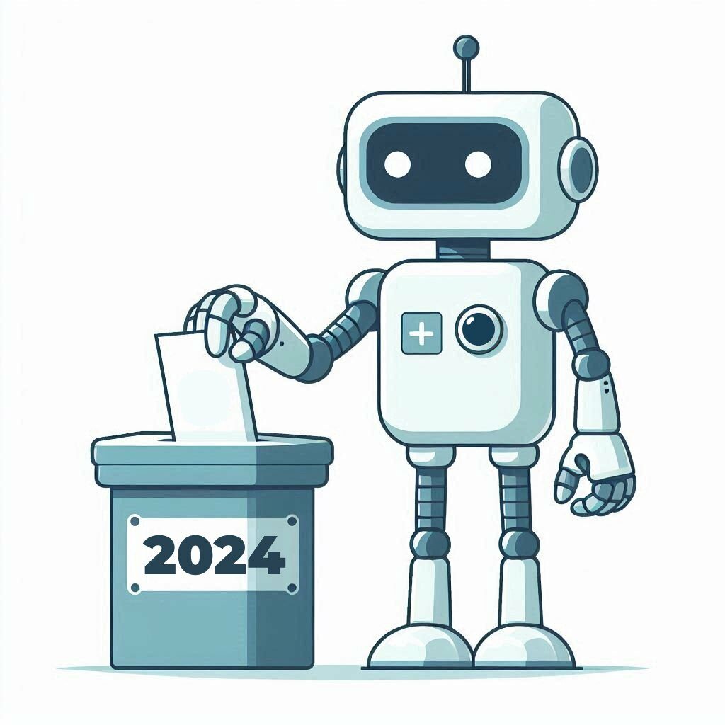 Um robô colocando seu voto numa urna com o texto 2024.
